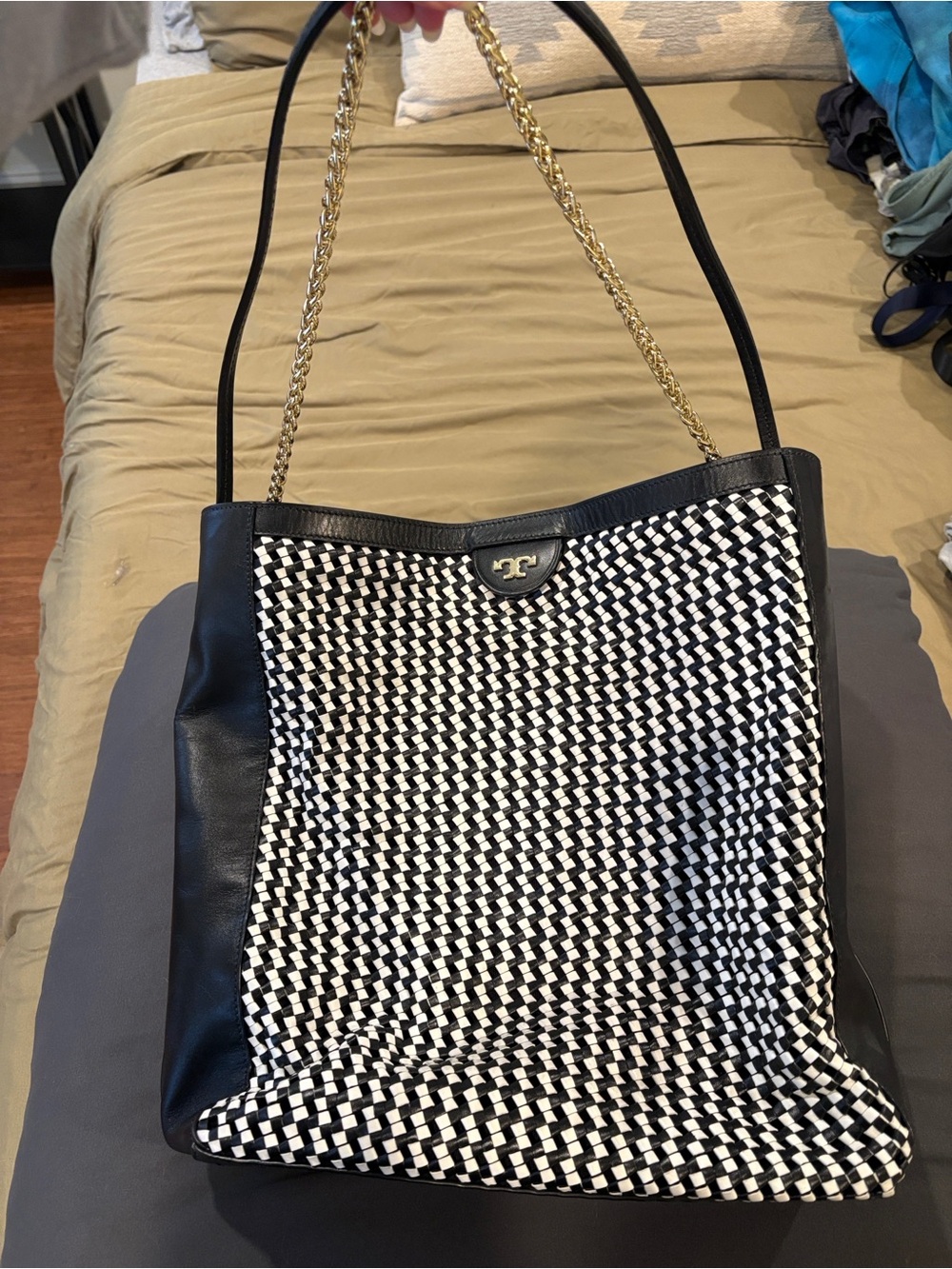 Tory Burch Black and White Woven Leather-Trim Tote - Picture 2 of 2